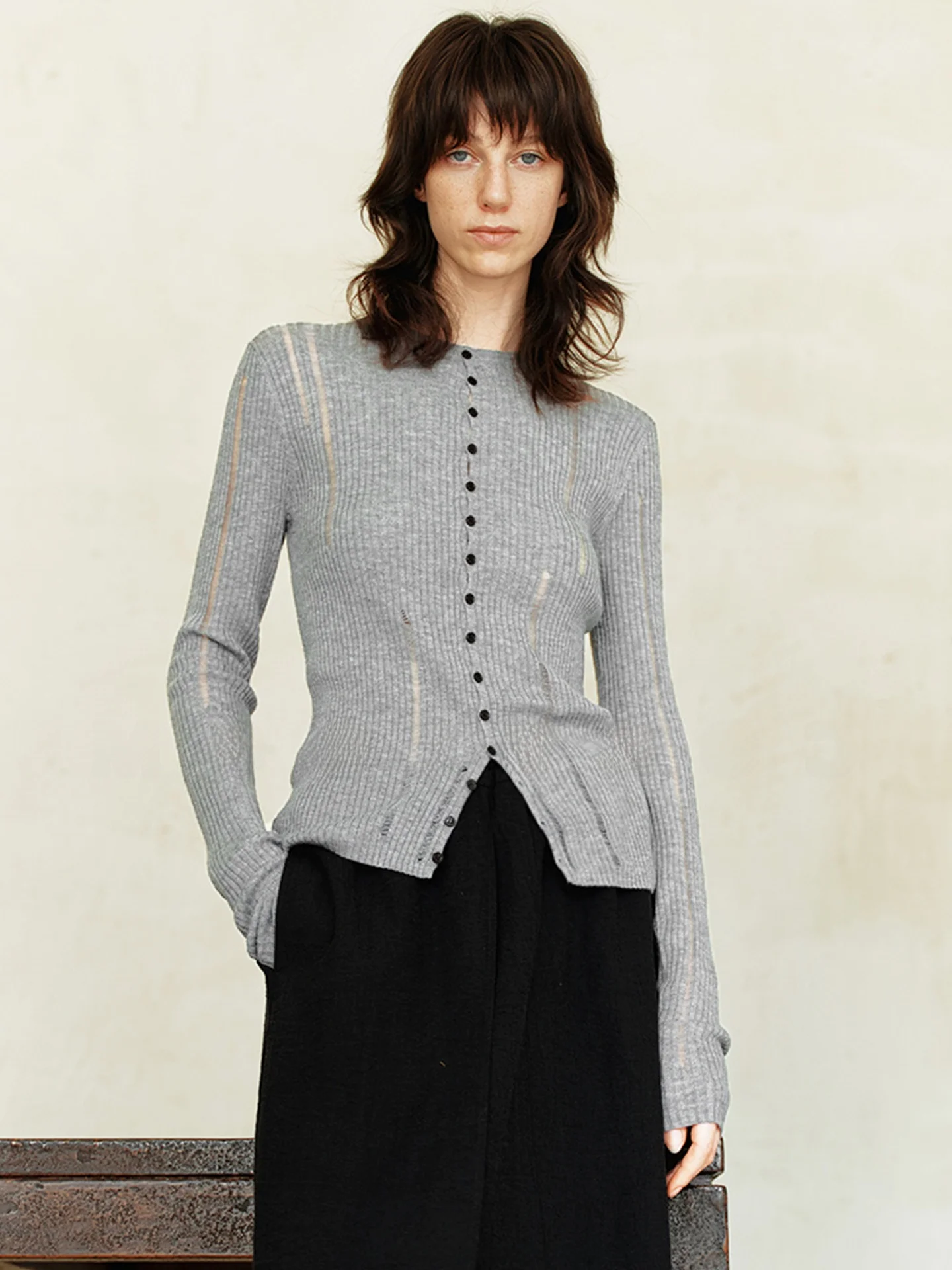 Dames gebreid uitgehold lang Sve rond Ne vest Pure kleur Veelzijdige basis irt Luxe eenvoudig woon-werkverkeer Sle Herfst...