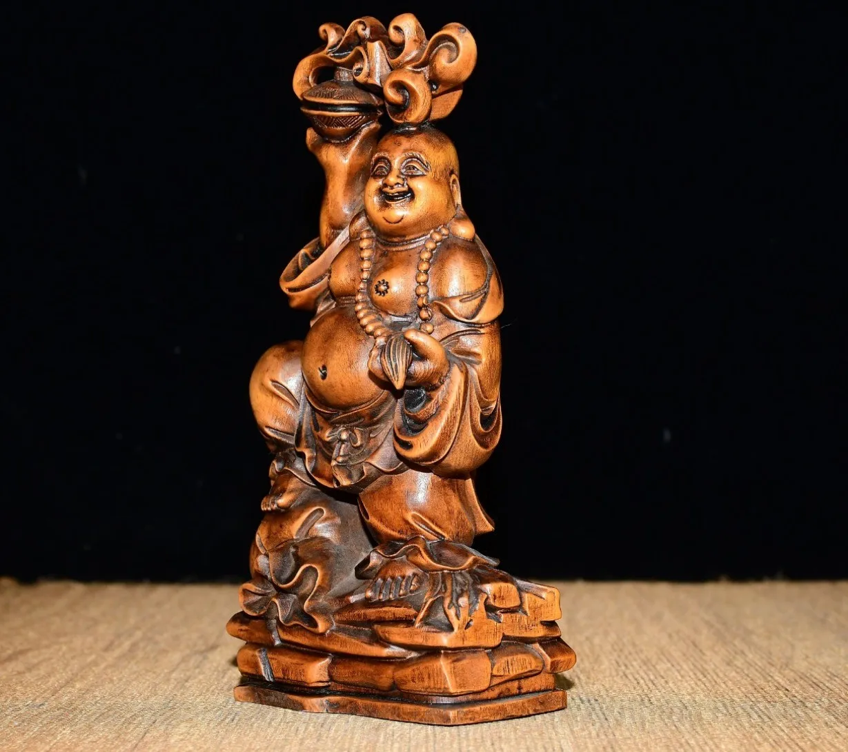 Boxwood Figurine Wooden Maitreya Statue Laughing Buddha Joy Ornament Interesting