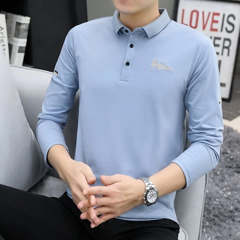 

Модная мужская рубашка-поло с длинным рукавом, приталенного кроя, в корейском стиле, дышащая, из хлопка, с вышивкой, для подростков, модный топ