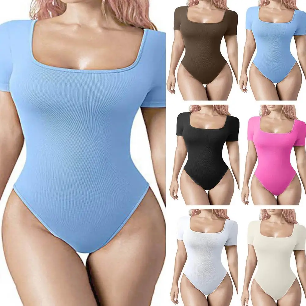 

Women Solid Color Playsuit High Elasticity Tummy Control Bodysuit for Women Square Neck Playsuit with Tight Waist Short Sleeves