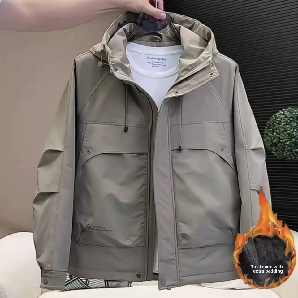 

Men's Casual Hooded Jaet Cotton Insert Windproof Autumn Winter New Sle Korean Version Workwear ort Length PU Material
