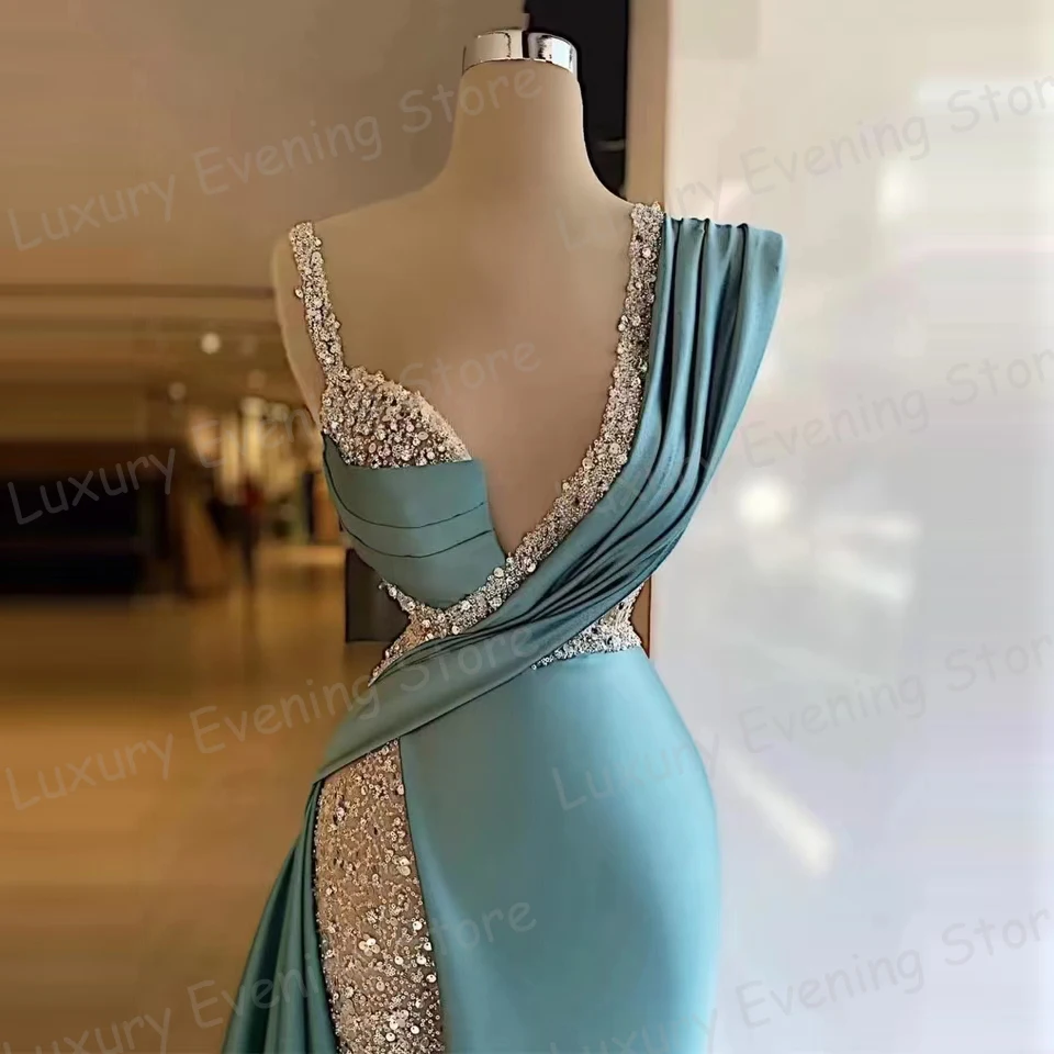 Formal Evening Dresses Women's Mermaid Sexy Sweetheart Prom Gowns Sequined High Split Pleat Satin Elegant Fashion Party Vestidos