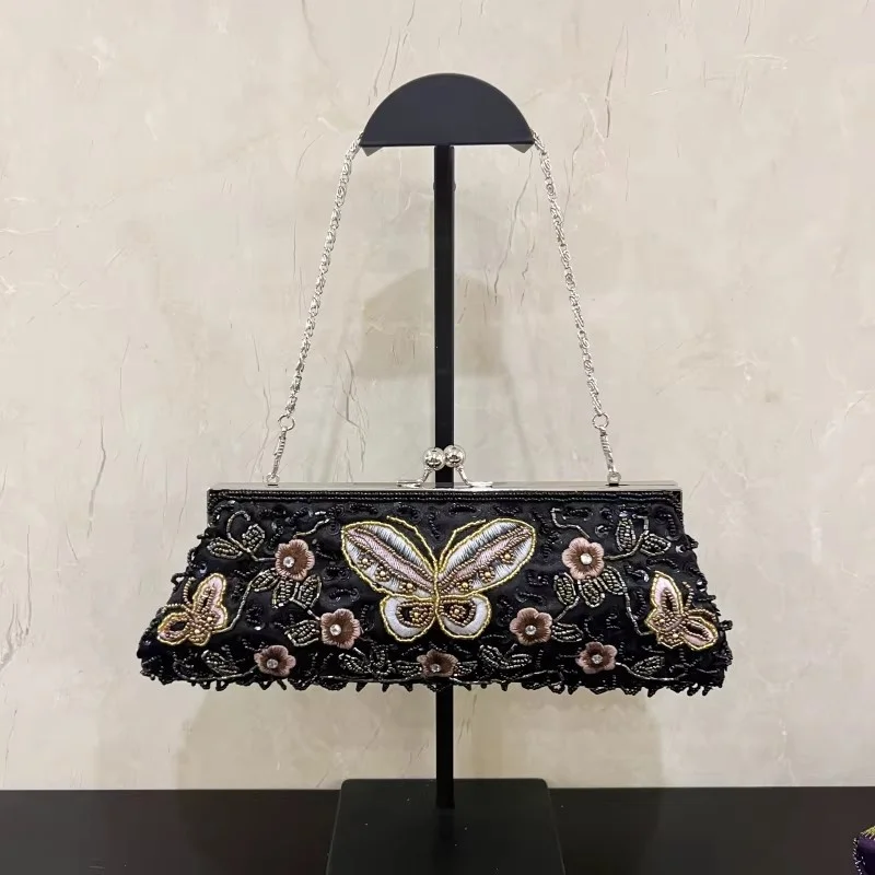

Vintage Style Women's Evening Bags Chinese-style Embroidery Beading Handheld Bag Retro Soft Ethnic Cheongsam Clutch Purse Purple