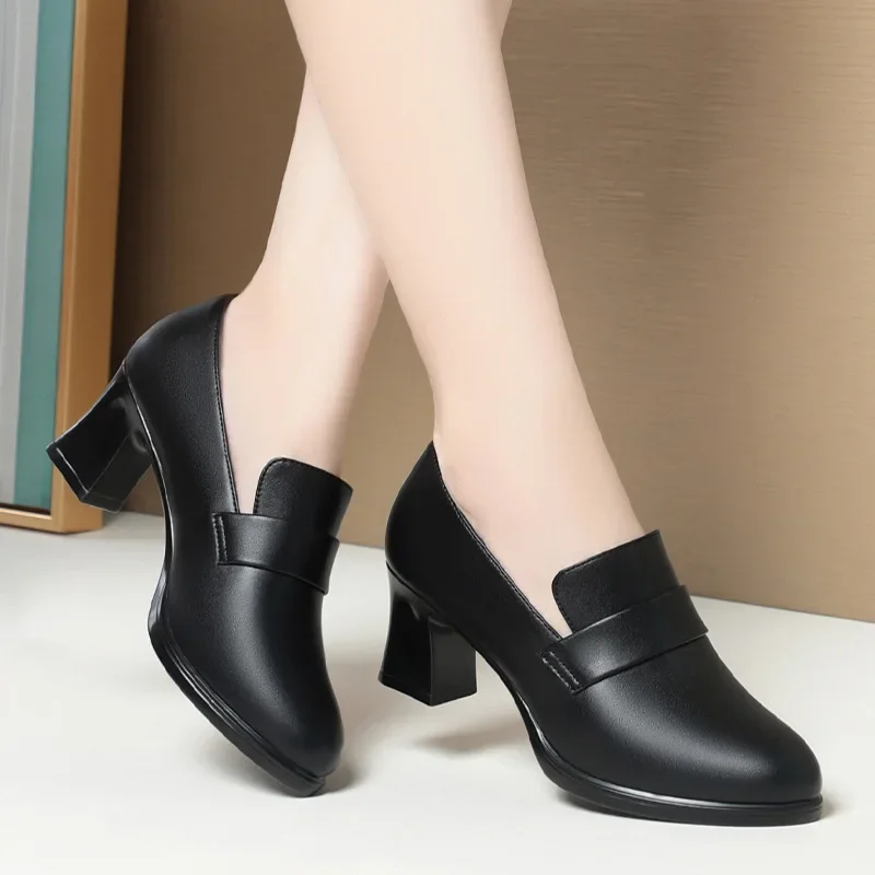 5cm 7cm Fashion Comfortable Black Soft Leather Shoes Deep Mouth Spring 2024 Block Heels Shoes Women for Office Mom Model