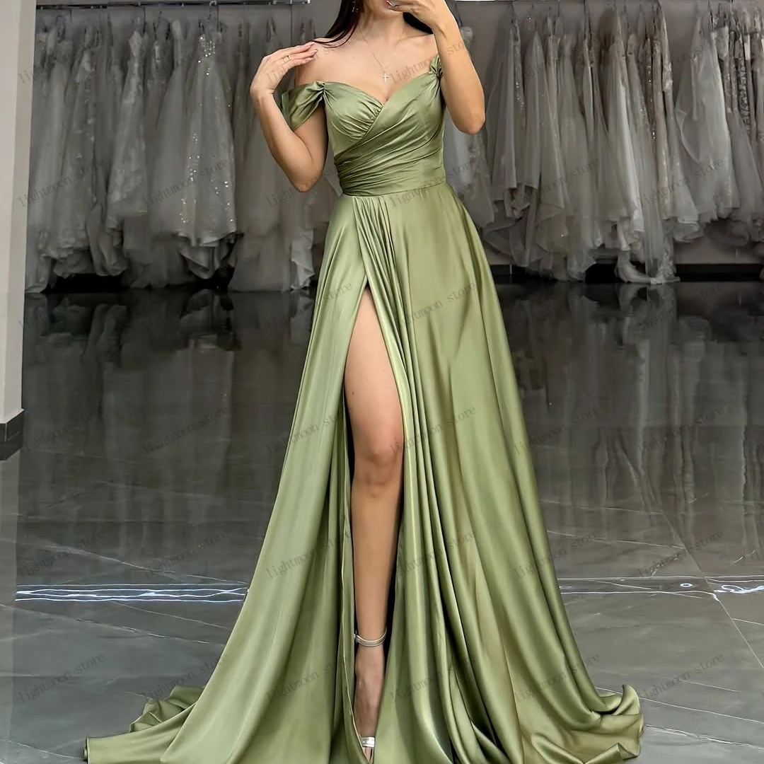 Eenvoudige avondjurken satijnen galajurk sexy hoge splitjurken uit de schouder vloerlengte gewaden vestidos de gala aangepast