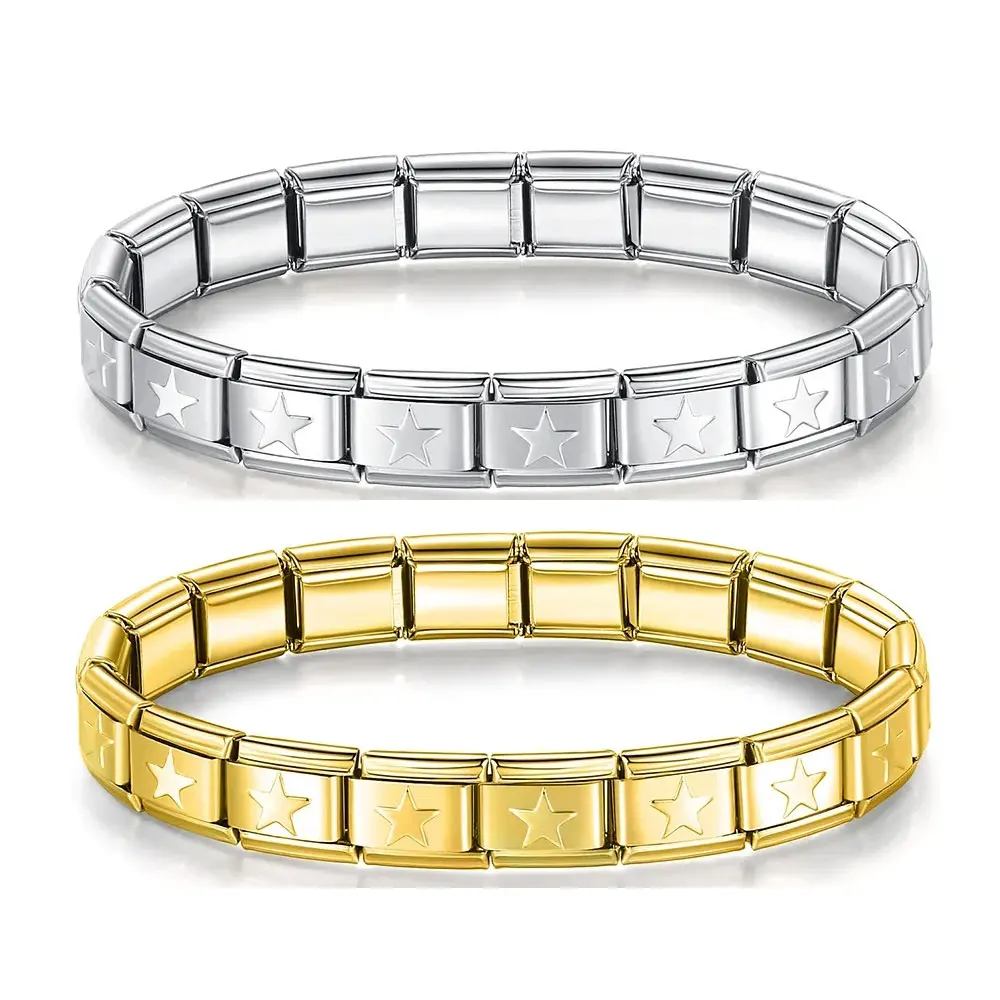 Stern italienischen Charme Armband Frauen Männer 9mm Breite Edelstahl Armreif elastische Glieder kette DIY Armband Geschenk Silber Farbe Schmuck