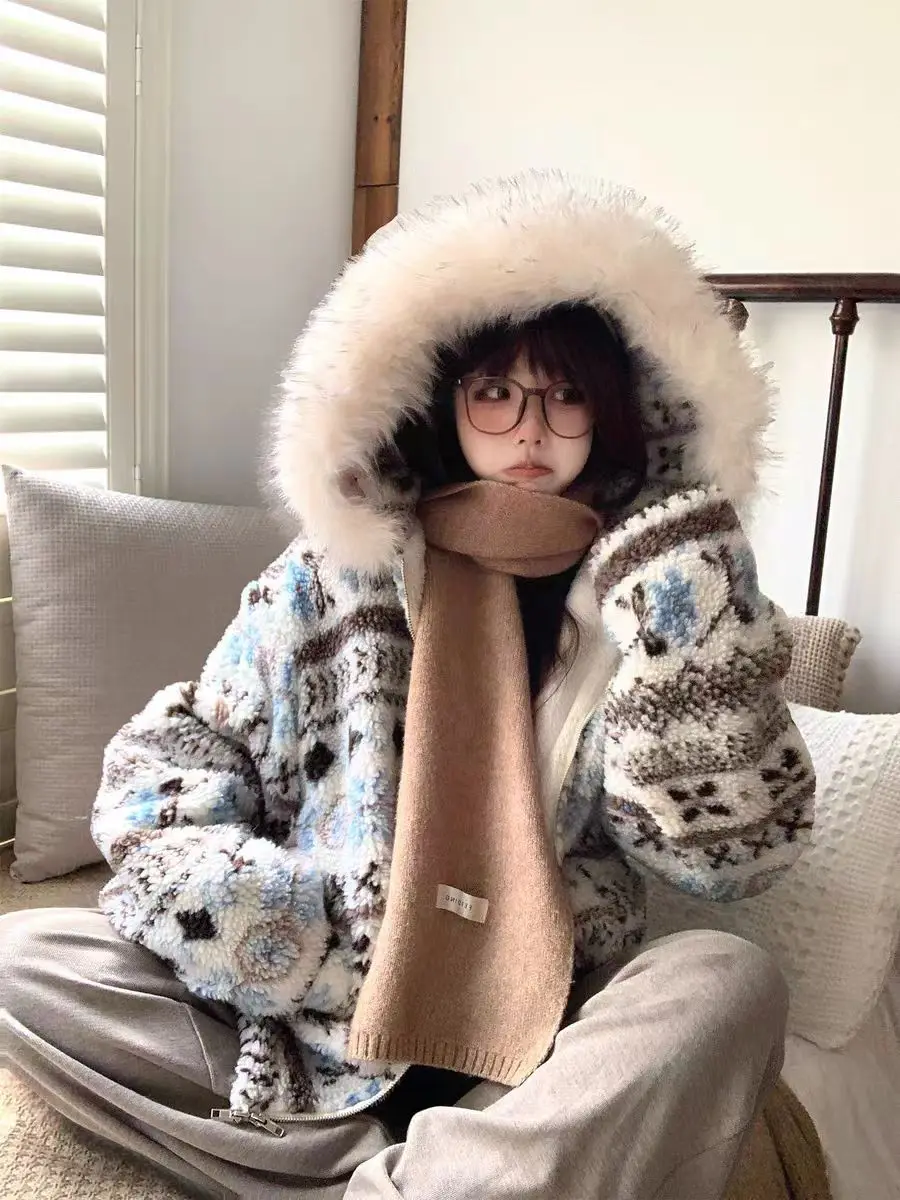 

Thickened Winter Cotton Jacket Women's Hooded Sheepskin Collar Coat Island Fur Loose Fit Versatile Warm Beautiful Cotton Padded