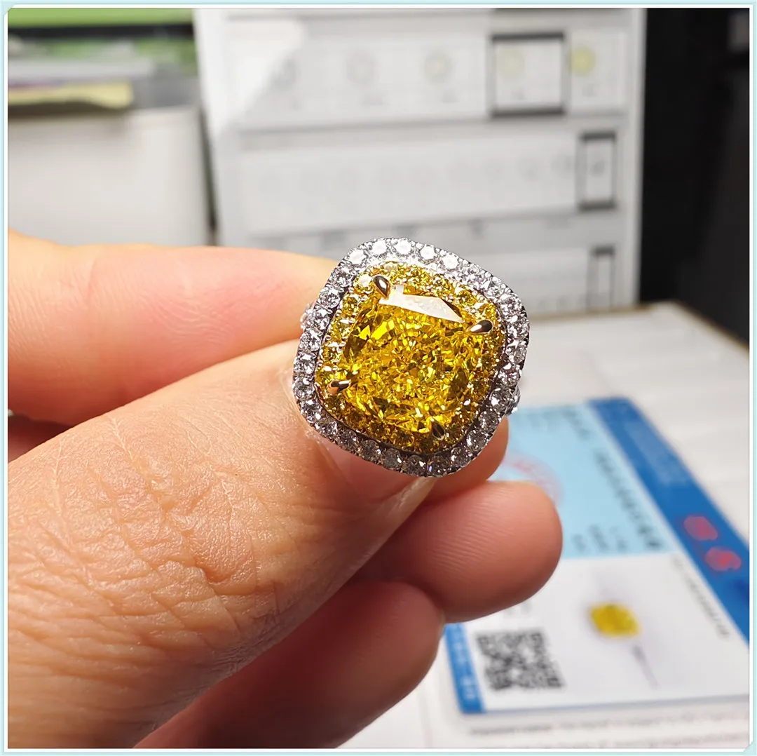 18K gold bred diamond Yellow diamond FVY HPHT CVD artificial diamond wedding ring square circumference Y arm custom wholesale