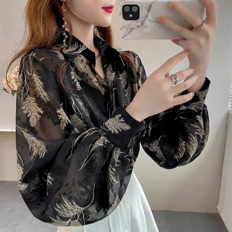 Ladies' Temperament Top Tihua Printed Shirt Loose Lantern Sleeve Flower Shirt Niche Design Chiffon Shirt