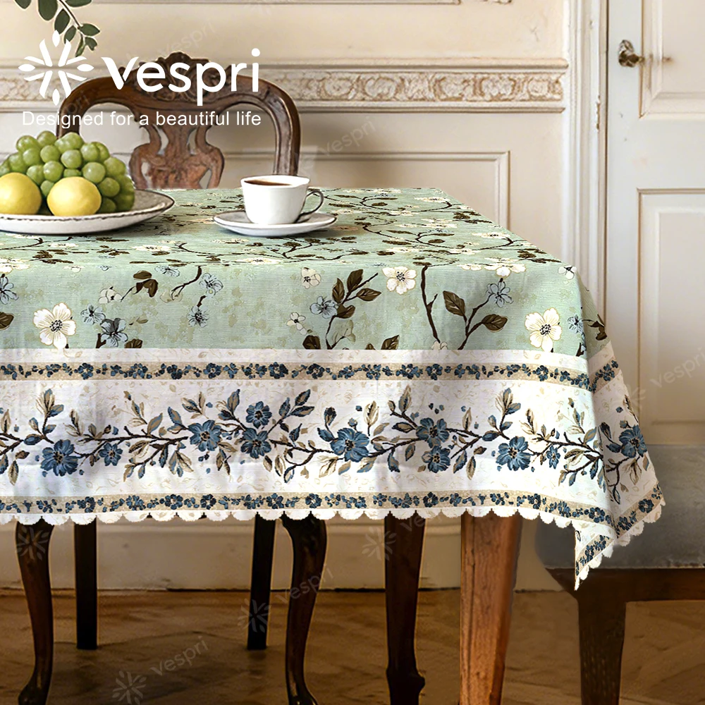 Vespri Florale Oster-Tischdecke Hellgrün Weiße Blumen Blätter Spitze Rund Rechteckig Oval Polyester für Partys Feste