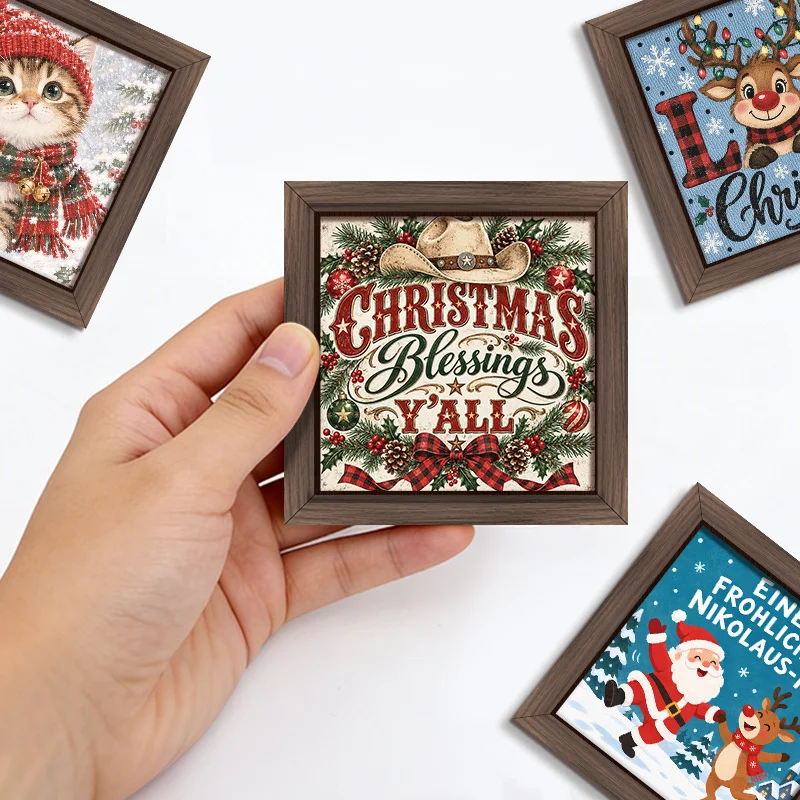 4Pcs Cute Christmas Animal Wooden Frame Fridge Magnets, Western Cowboy Cat Reindeer Santa Refrigerator Magnet Set, Christmas