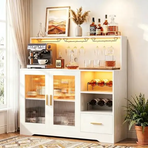 Wine Bar Cabinet with LED Lights Power Outlet Liquor for Home White | Storage drawer, glass holders, wine racks