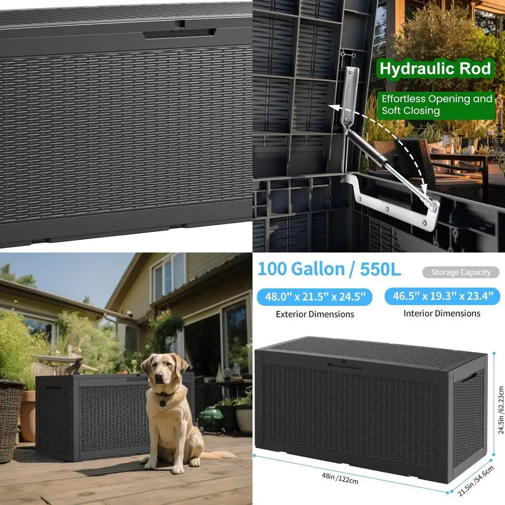

Large 100 Gallon Waterproof Outdoor Storage Box with Lock, Reinforced for Patio Cushions & Garden Tools, UV-Resistant Black