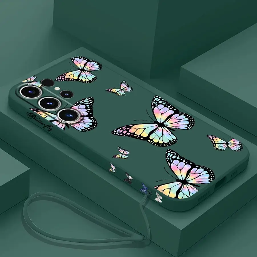 Blue Butterfly Phone Case for Samsung Galaxy S23 Ultra 5G S21 Plus S22 S20 FE S24 Ultra S20 With Lanyard Back Silicone Cover