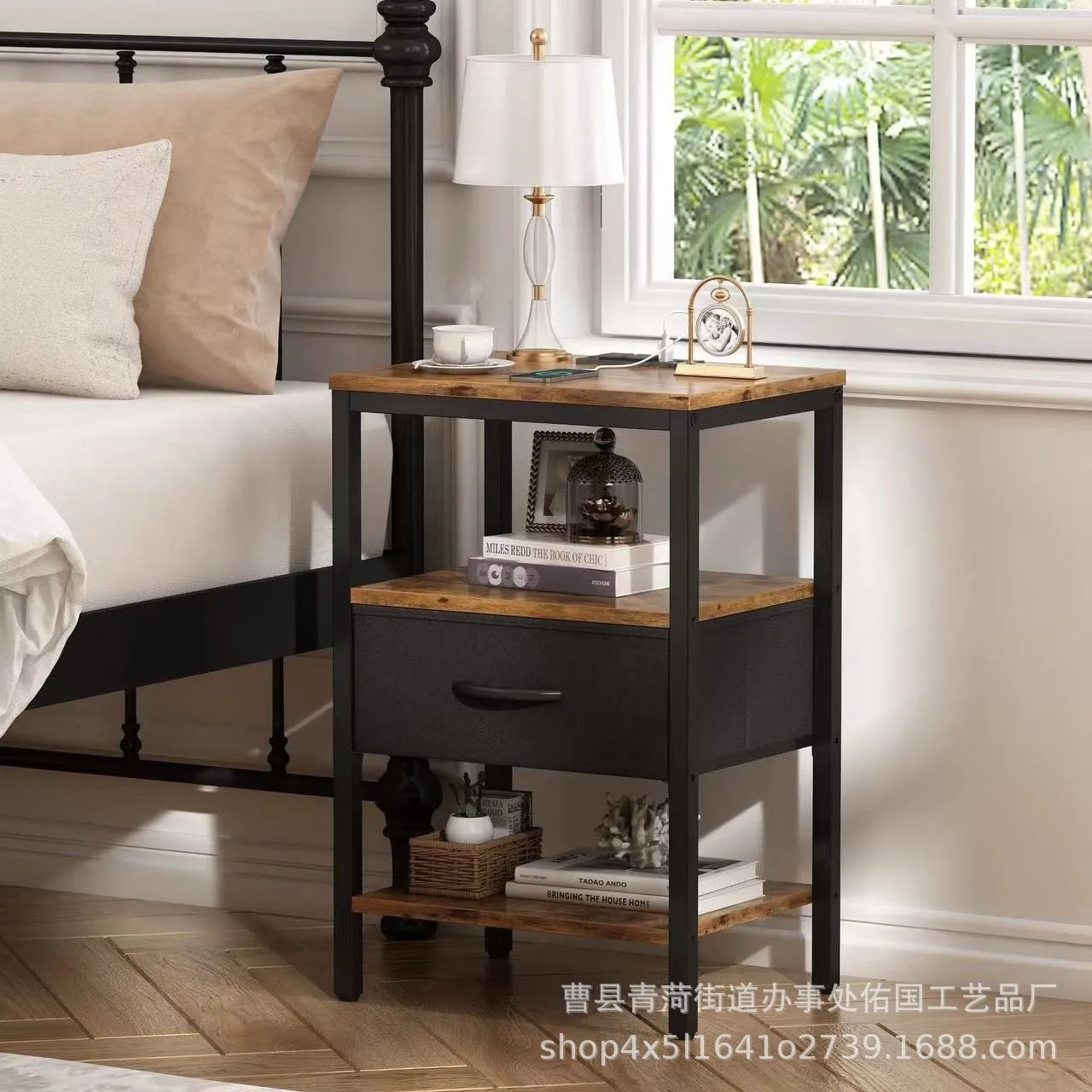 Retro iron and wood combined with drawer bedside table rechargeable household bedside storage side table bedroom storage locker
