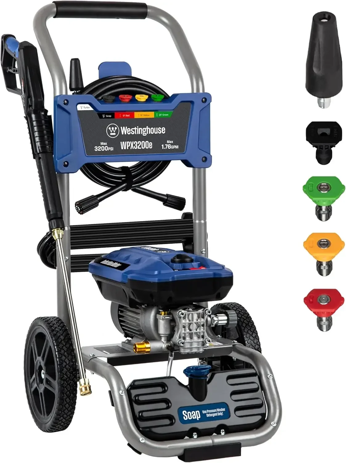 

Электрическая мойка высокого давления WPX3200e, 3200 PSI и 1.76 Max GPM, индукционный двигатель, встроенный бак для моющего средства, пистолет-распылитель и насадка, 5 насадок
