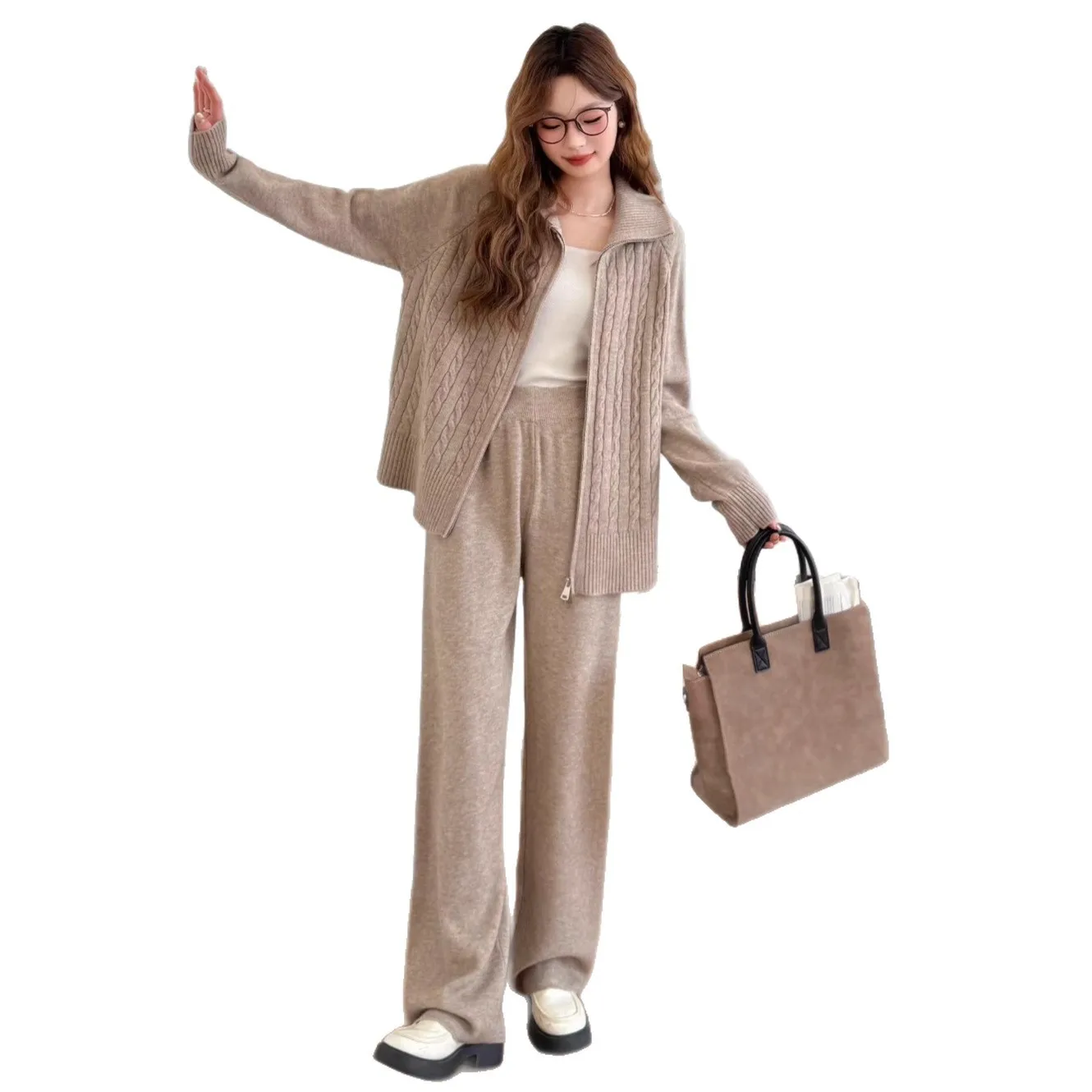 투피스 여성 니트 팬츠 세트 매칭 세트 캐주얼 지퍼 턴다운 칼라 스웨터 Y2K 와이드 레그 팬츠 루즈핏 2025 가을