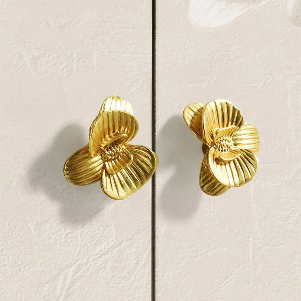 Durable Single Hole Orchid Door Pulls Gold Light Luxury Furniture Knobs Brass Creative Cabinet Handle Cupboard