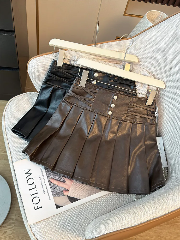 Women's Brown Mini Pleated Skirt 2000s Vintage Harajuku Korean Style A-line Leather Skirt Y2k Gyaru Skirts Clothes Spring Summer