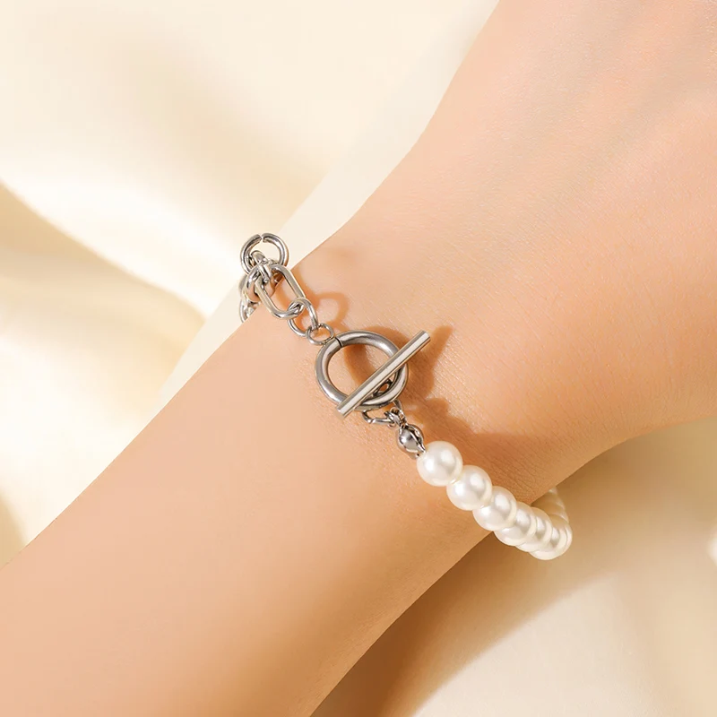 EILIECK 316L Edelstahl Asymmetrisches Perlenketten-Halsketten-Armband-Set für Damen, Modisches Silberfarbenes Wasserdichtes Schmuckgeschenk – Detail 9