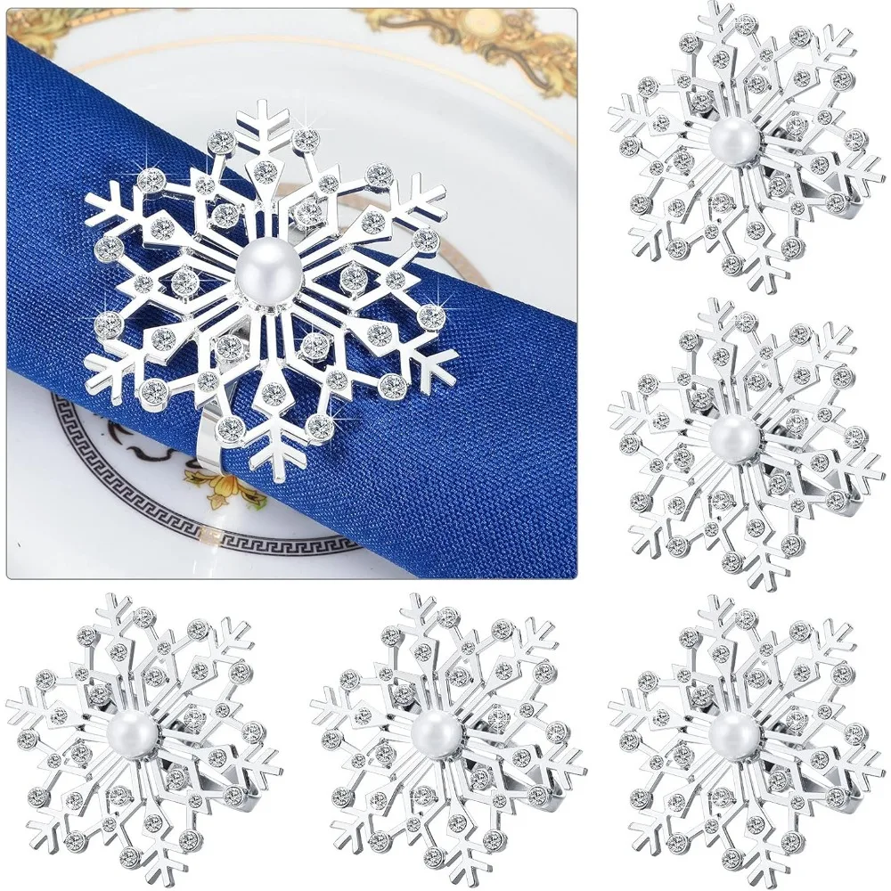 

6 шт., рождественские кольца для салфеток со снежинками, держатель с пряжкой и стразами, жемчугом, декоративное кольцо для салфеток из металлического сплава для Рождества