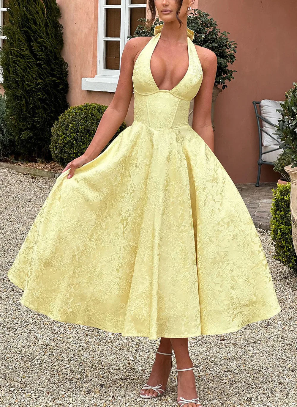 

2025 Backless Bandage Pleated Prom Dresses Bow Tie Up Halter Solid Women Party Dress Summer Jacquard Slim Fit Swing Long Dress