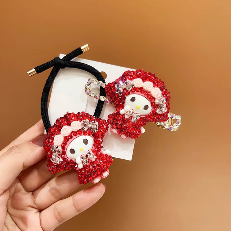 Sanrio Kawaii My Melody Anime Headwear Cute Cartoon Kuromi Sweet Rhinestone Hair Tie Lovely Hair Accessories Gifts for Girls