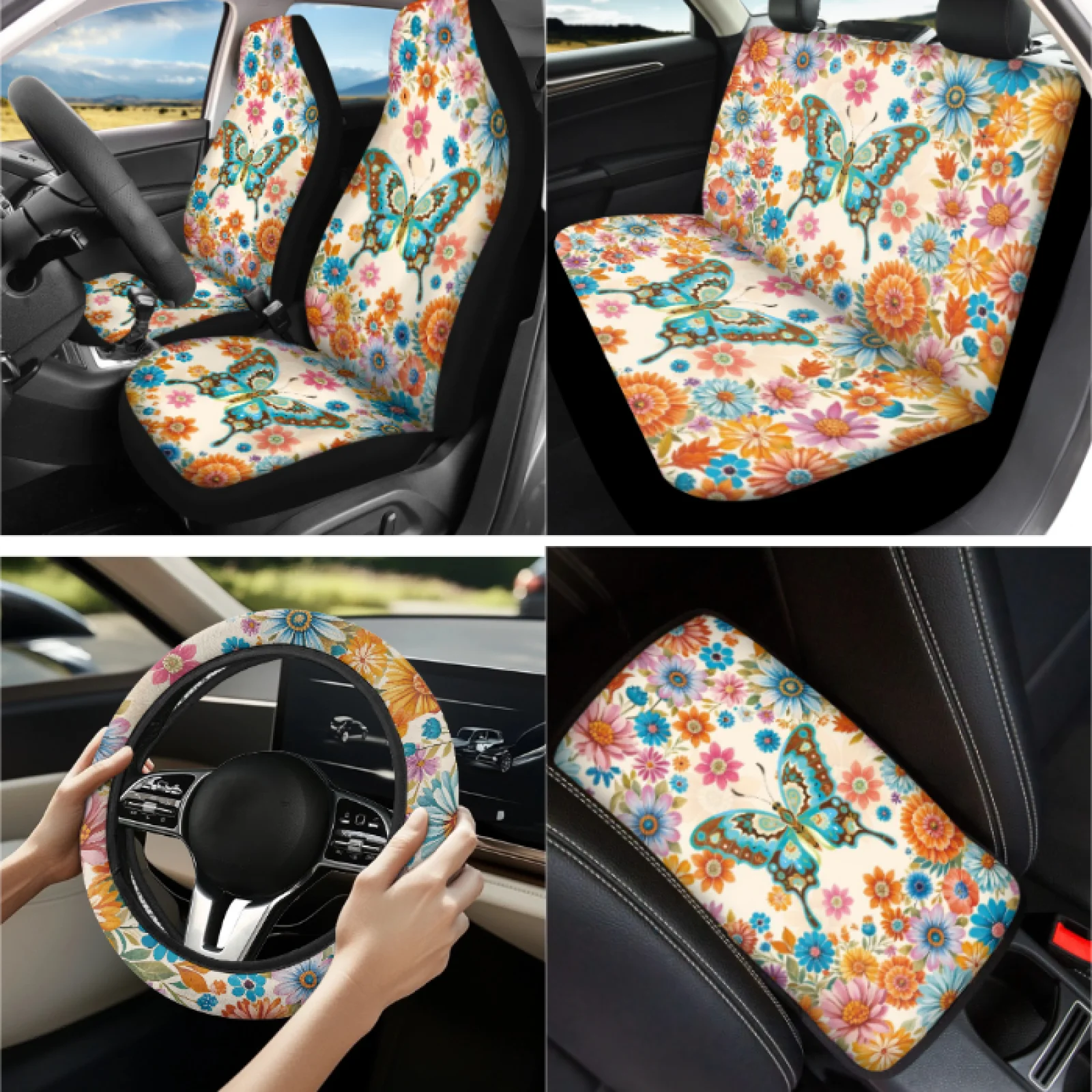 Coloranimal Vintage Floral 13 PCS Auto Seat Covers Set with Steering Wheel Cover and Car Armrest Protective Cover for Sedans