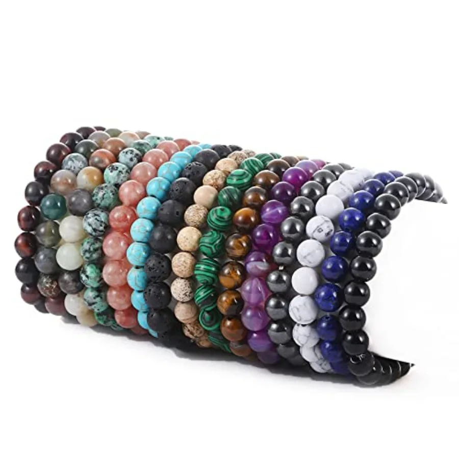 

15 PCS 8mm Gorgeous Semi-Precious Gemstones Bracelets Round Beaded Bracelets for Women Men Stone Crystal Stretch Beads Bracelet