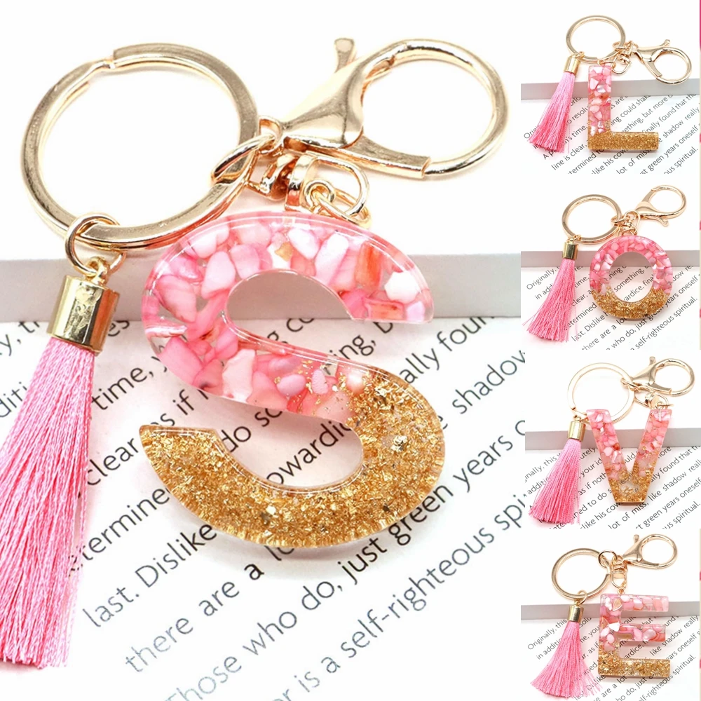 

A To Z Pink Letters Keychain Women Wallet Charms 26 Initials Alphabet Tassel Pendant Resin Key Rings Fashion Bag Jewellery Gifts