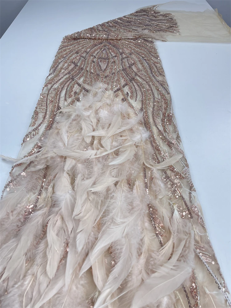 Venda quente design popular moda africano feito à mão pena frisada renda líquida com lantejoulas tecido francês vestido de noite renda líquida