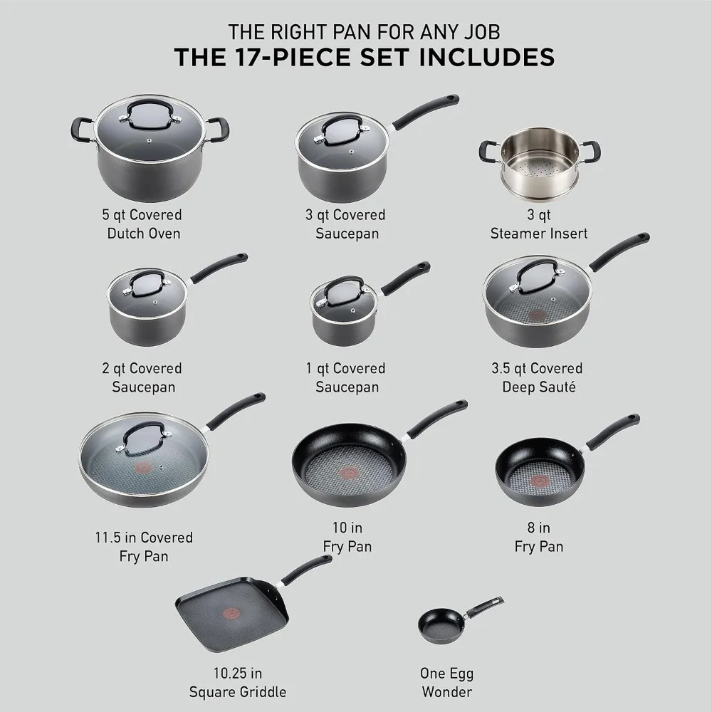 T-fal Ultimate Hard Anodized Nonstick Cookware Set 17 Piece, Oven Broiler Safe 400F, Lid Safe 350F, Kitchen Cooking Set