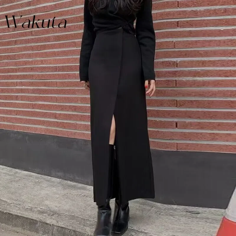 WAKUTA Japanese Classic High-waisted Thin Workplace Bustier Fashion Irregular Split Knee-length Versatile Half-body Goth Skirts