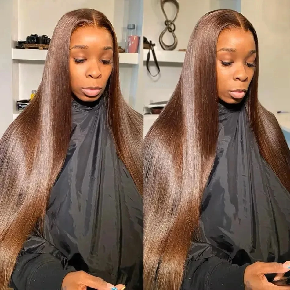 13x4 HD Lace Front Chocolate Brown Straight 13x6 Lace Frontal Wigs Human Hair  Colored Deep Wave Human Hair Wigs For Women 220 Density Preplucked view 8