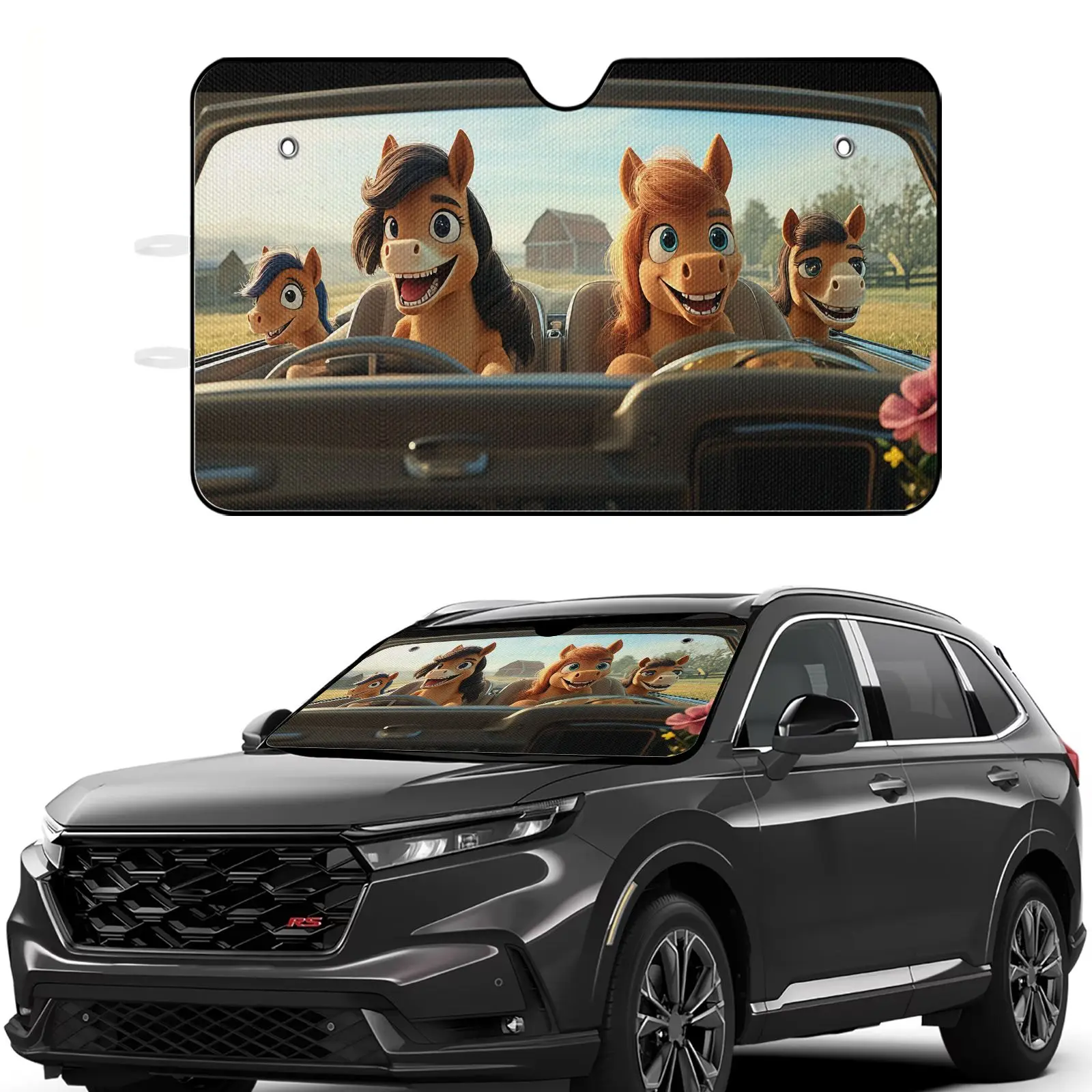 Car Sun Shade Black Horse Family Cartoon Print | Aluminum Material, Universally Applicable For Car Interior Protection And Decor