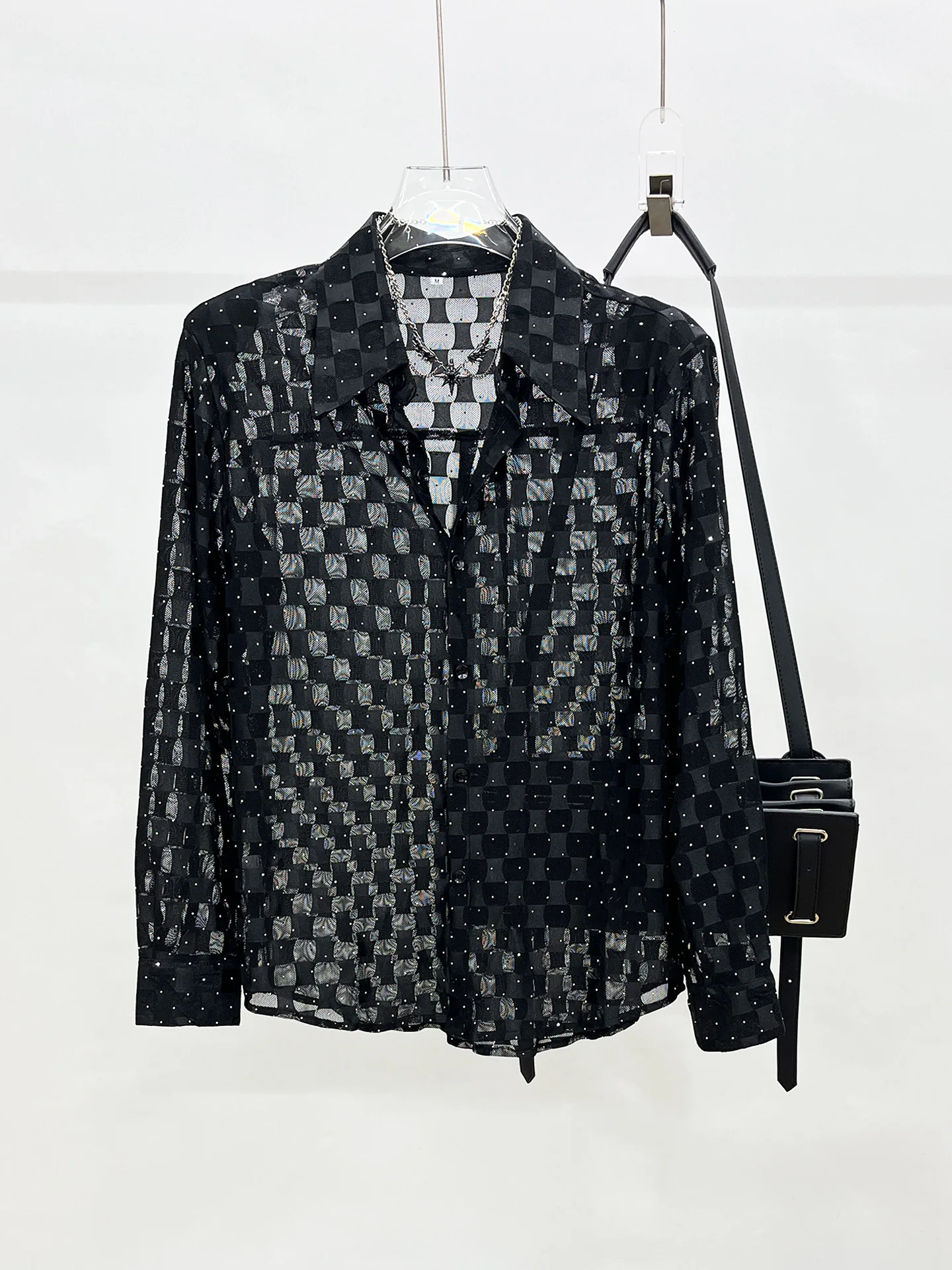 

Men's Cheered irt Design Hollow out Perspective Nightclub Faion Trend oulder Pad Long Sve Button up Summer Thin