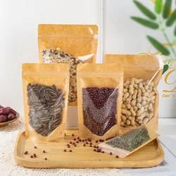 50pcs Clear Front Stand Up Kraft Paper Resealable Zip Lock Packaging Bag Snack Nut Candy Bean Cereal Transparent Storage Pouches
