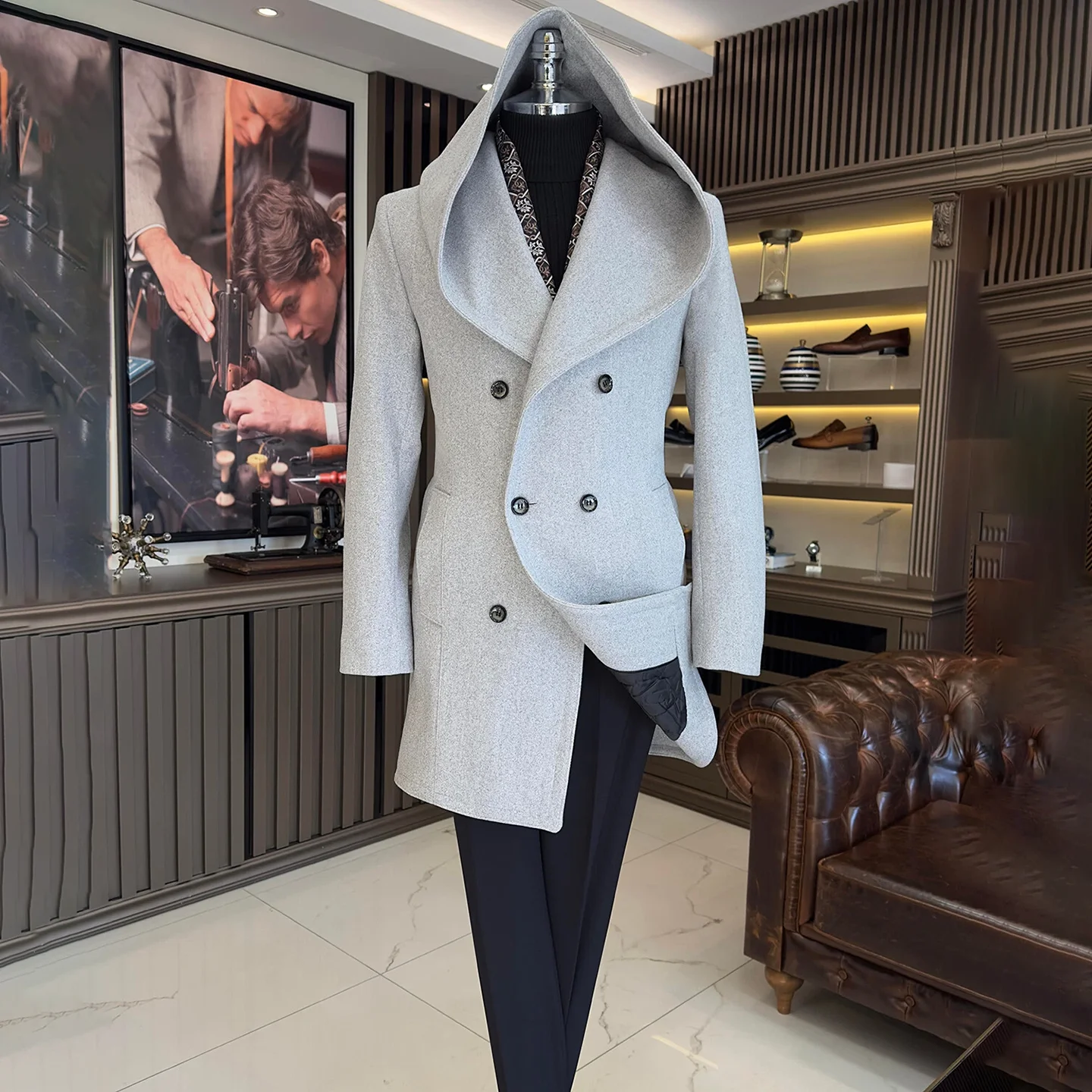Formal Men Long Overcoat with Cape Wool Blend Overcoat Business Wool Blend Regular Fit Tweed Double Breasted Customized