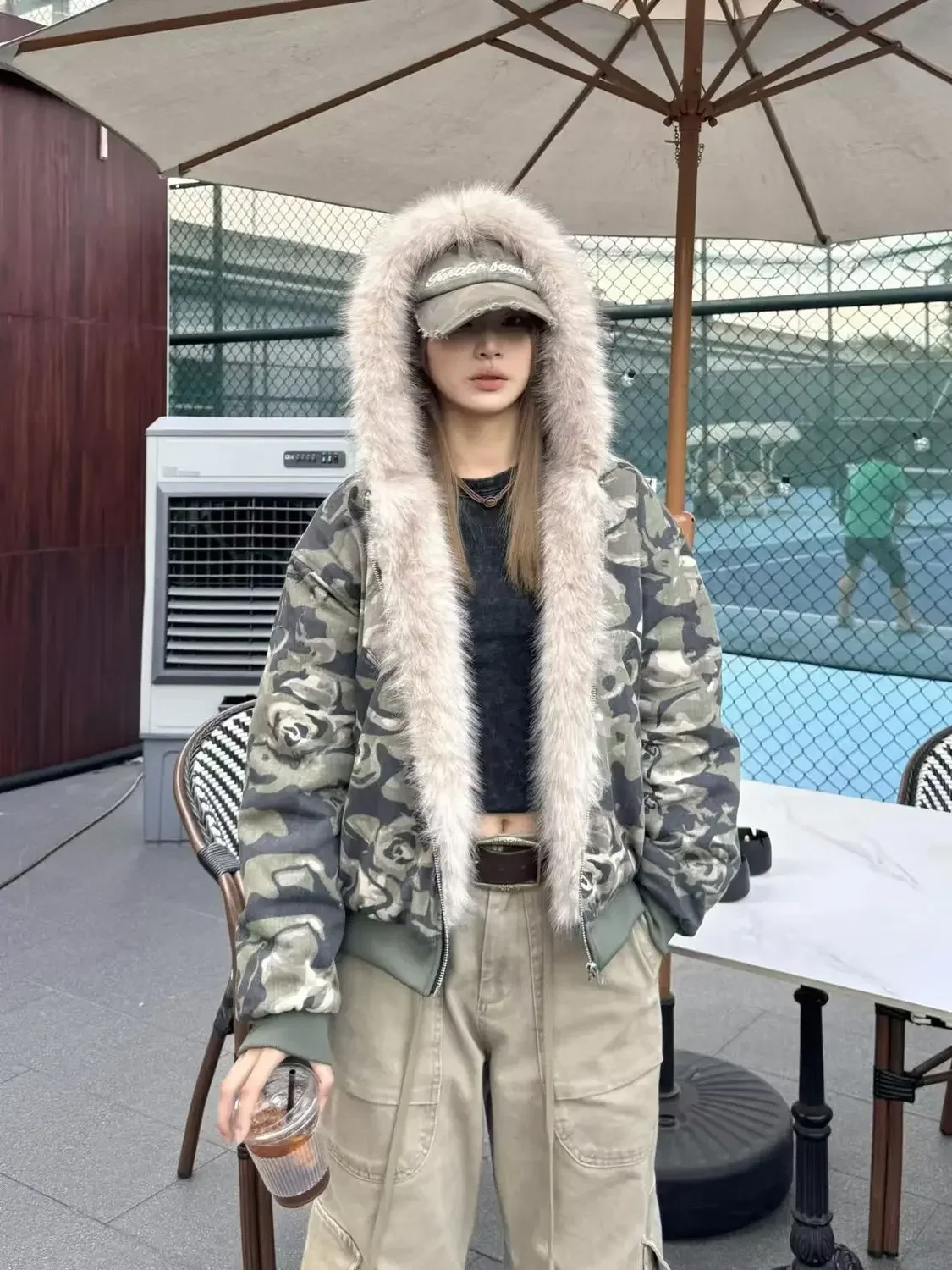 American Fashion Camouflage Plush Hat Jacket Coat Y2K High Street Hip hop Harajuku Loose Women Make Hoodies Fashion Streetwear