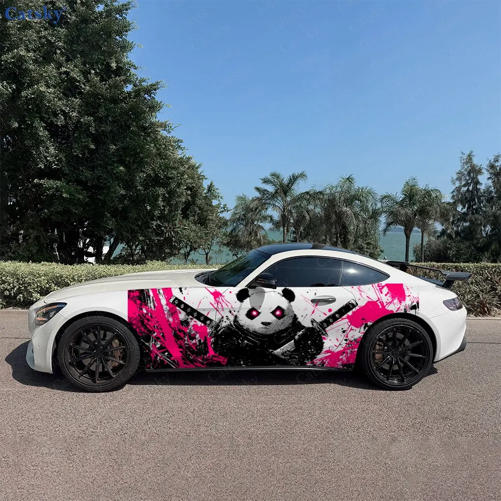 2pcs Edgy Pink & Black Ninja Panda Car Side Wraps, Self-Adhesive PVC Waterproof & Scratch-Resistant Stickers, Car Accessory Gift