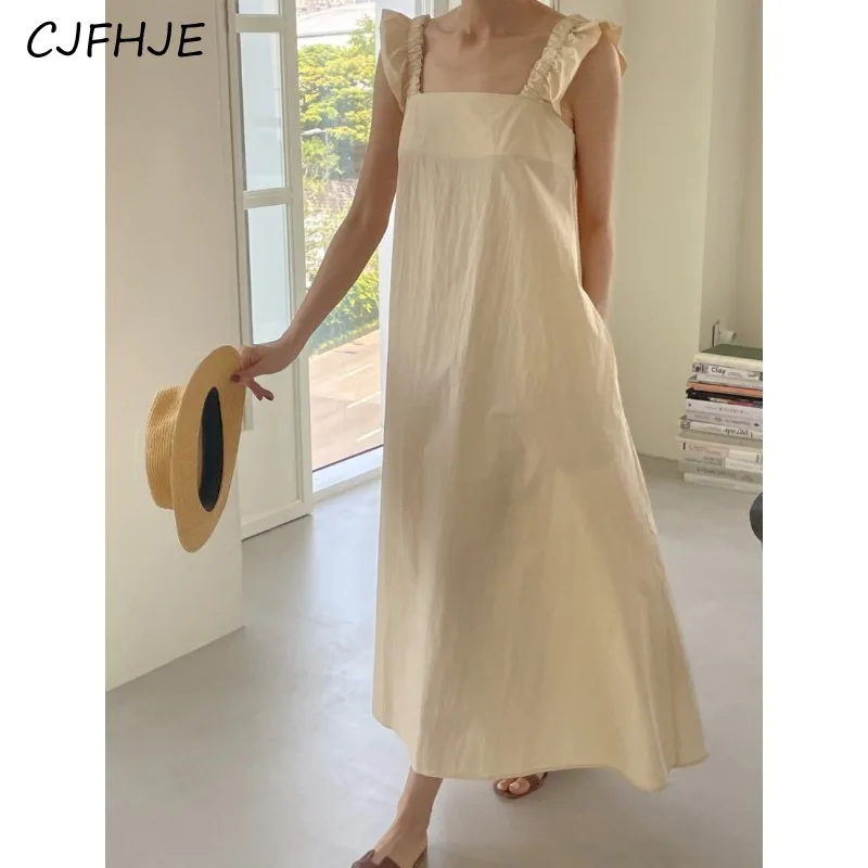 

CJFHJE Summer French Fungus Edge Flying Sleeves Solid Color Women's Dress Fashion Sweet Women Square Neck Sleeveless Long Dress