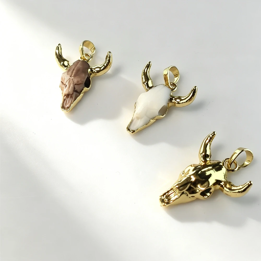 Vintage Bull Skull Charms Golden Plated Natural Semi Precious Stone Inlay for DIY Western Style Necklace Earring Craft P2D1035