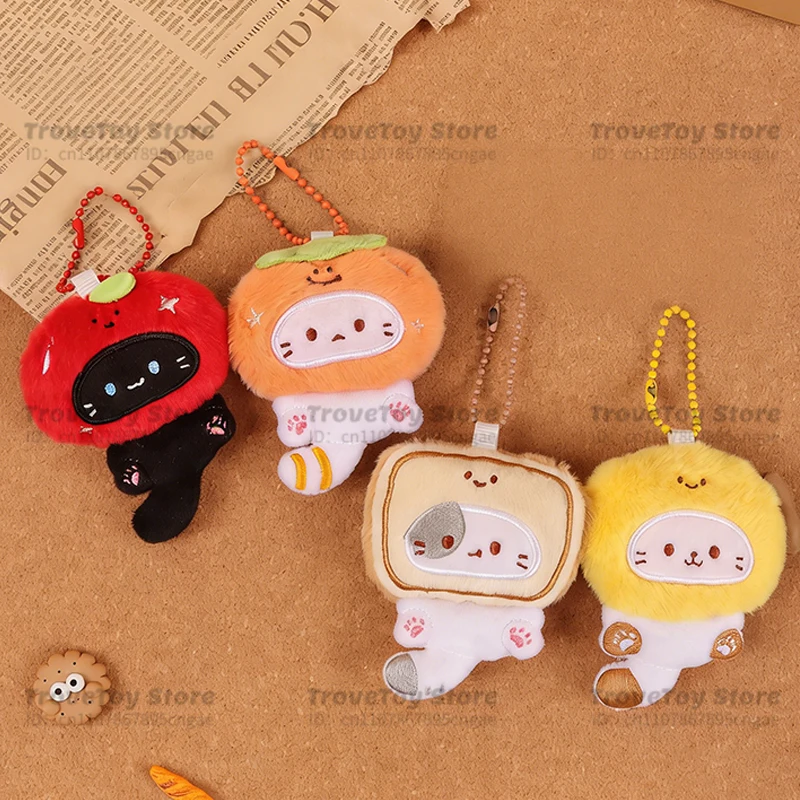 Llavero de peluche de gatito con diseño de tomate de dibujos animados, juguetes de peluche suaves y lindos, llavero de muñecos de animales con forma de pan tostado, patas de pollo y sombrero de gato