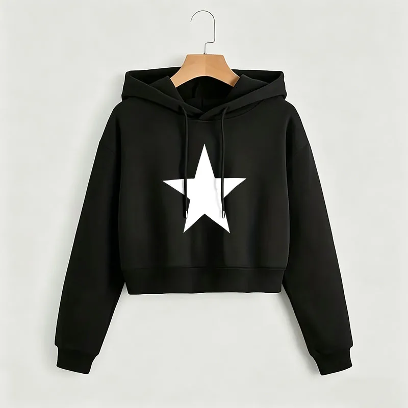 

Hip Hop Star Print Autumn Winter Cropped Sweatshirt Crop Top Hoodie Y2k Sweatshirts Streetwear Casual Style Clothes