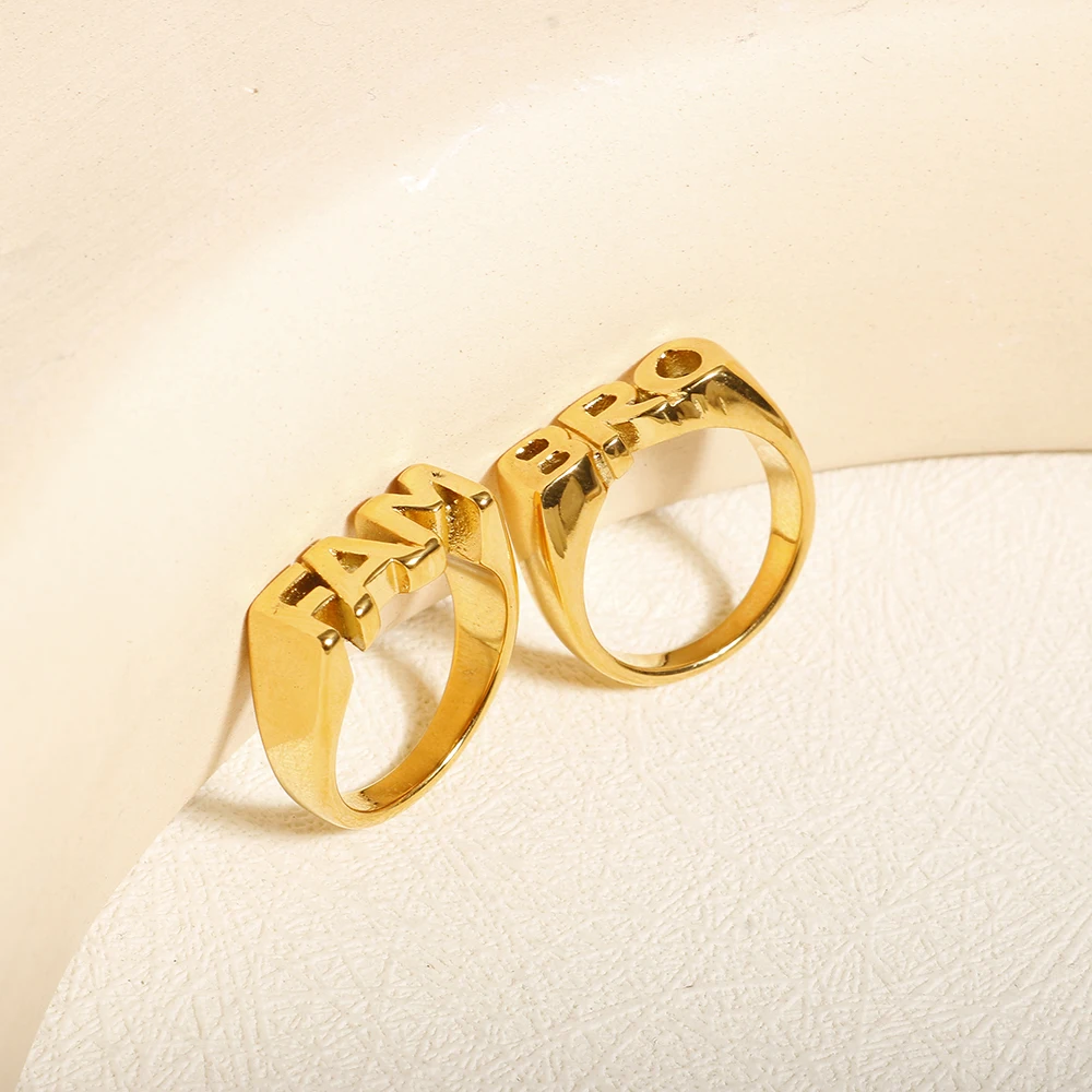 FAM BRO Letter Golden Stainless Steel Ring for Men Women Hip Hop Punk Daily Wear Layered Jewelry Rings Gift for Family Brother