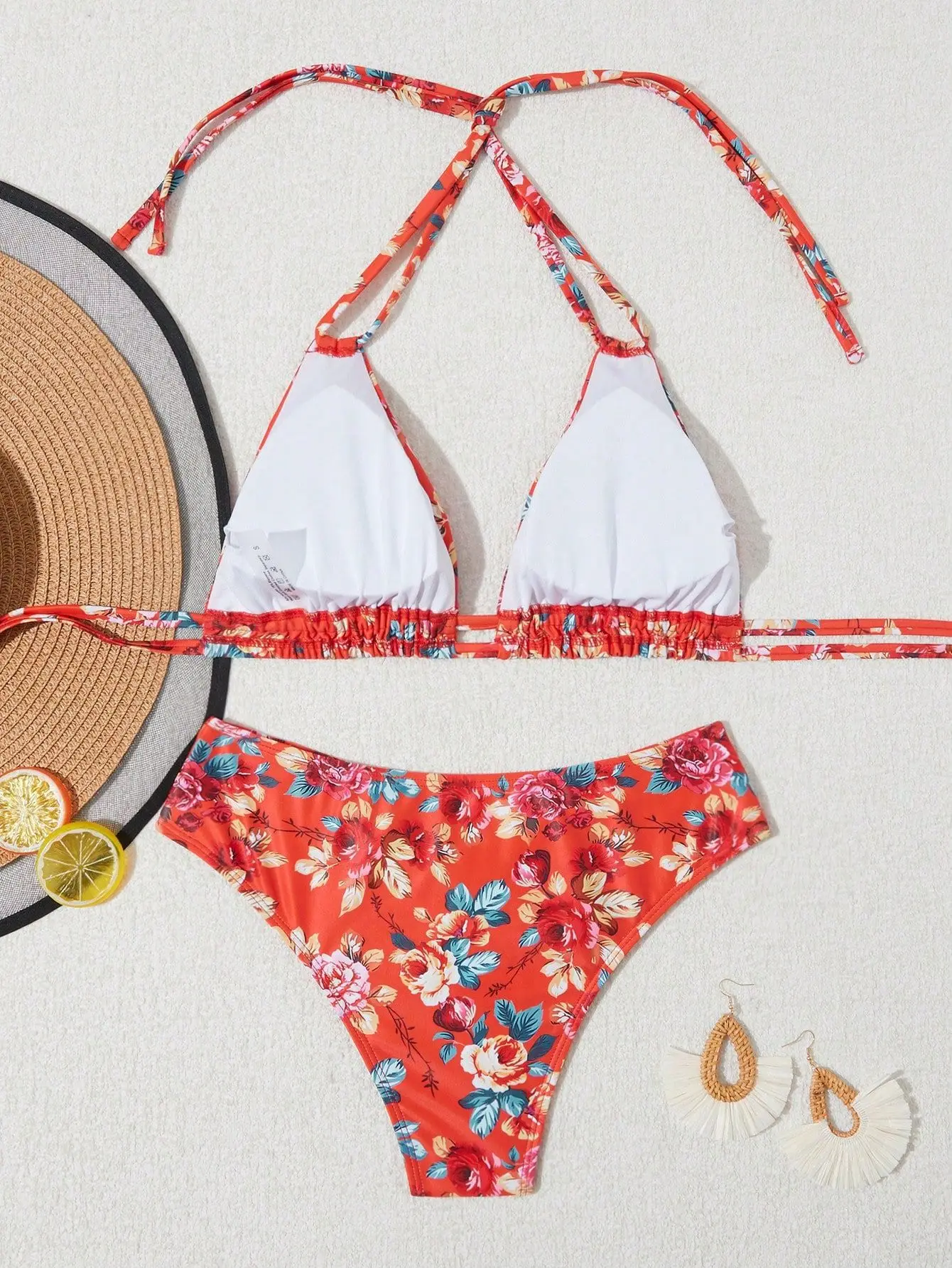 Conjunto de Bikini para mujer, traje de baño de 2 piezas con estampado de flores rojas, traje de baño triangular de cintura alta con cuello Halter y espalda descubierta para vacaciones en la playa, novedad de 2025