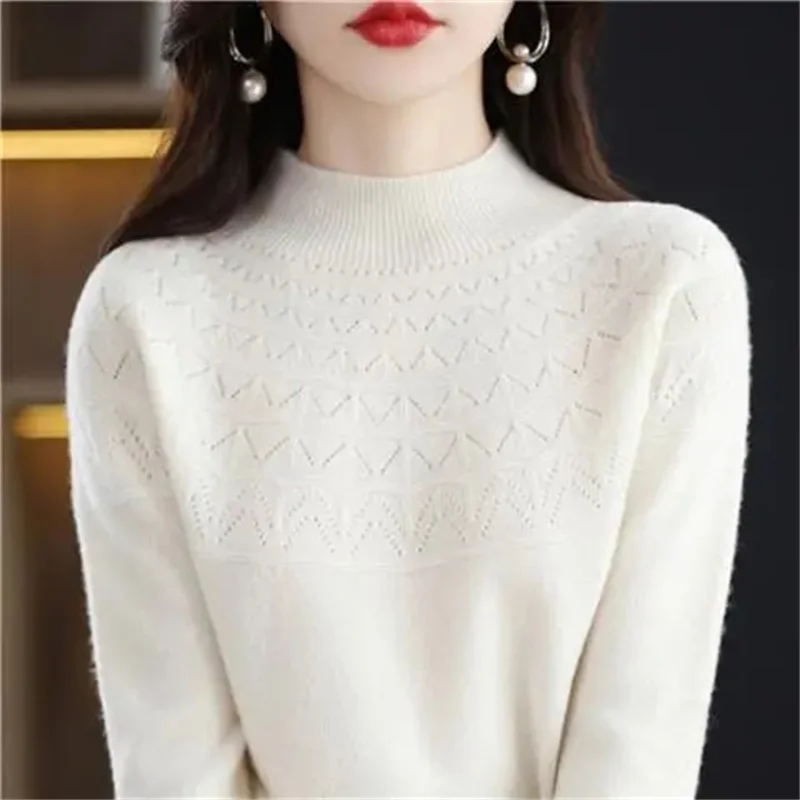 New Cashmere Sweater Autumn Winter 100% Pure Wool Women\'s Bottoming Shirts Knitted Pullover Hollowed-out Knitwear Soft Jumpers