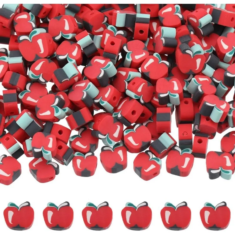 200PCS Apple Polymer Clay Beads Fruit Clay Beads Red Apples Back to School Teacher Slice Shape Loose Spacer Beads Bulk