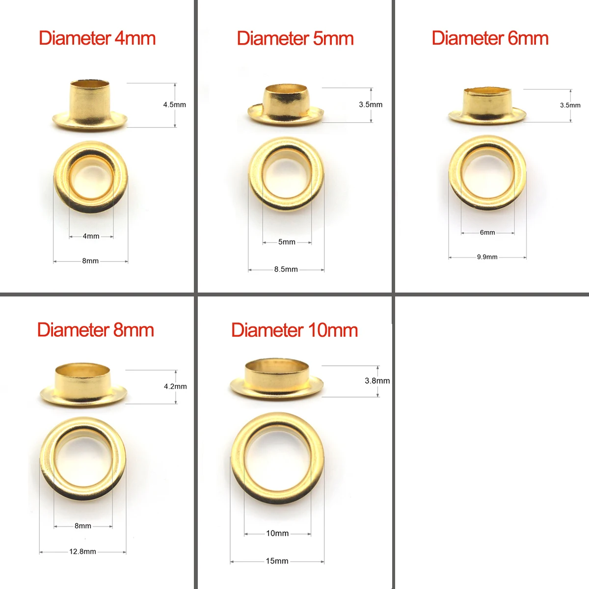 100sets Brass Material Gold 5mm 6mm 8mm Grommet Eyelet With Washer Fit Leather Craft Shoes Belt Cap Bag Diy Supplies Accessories