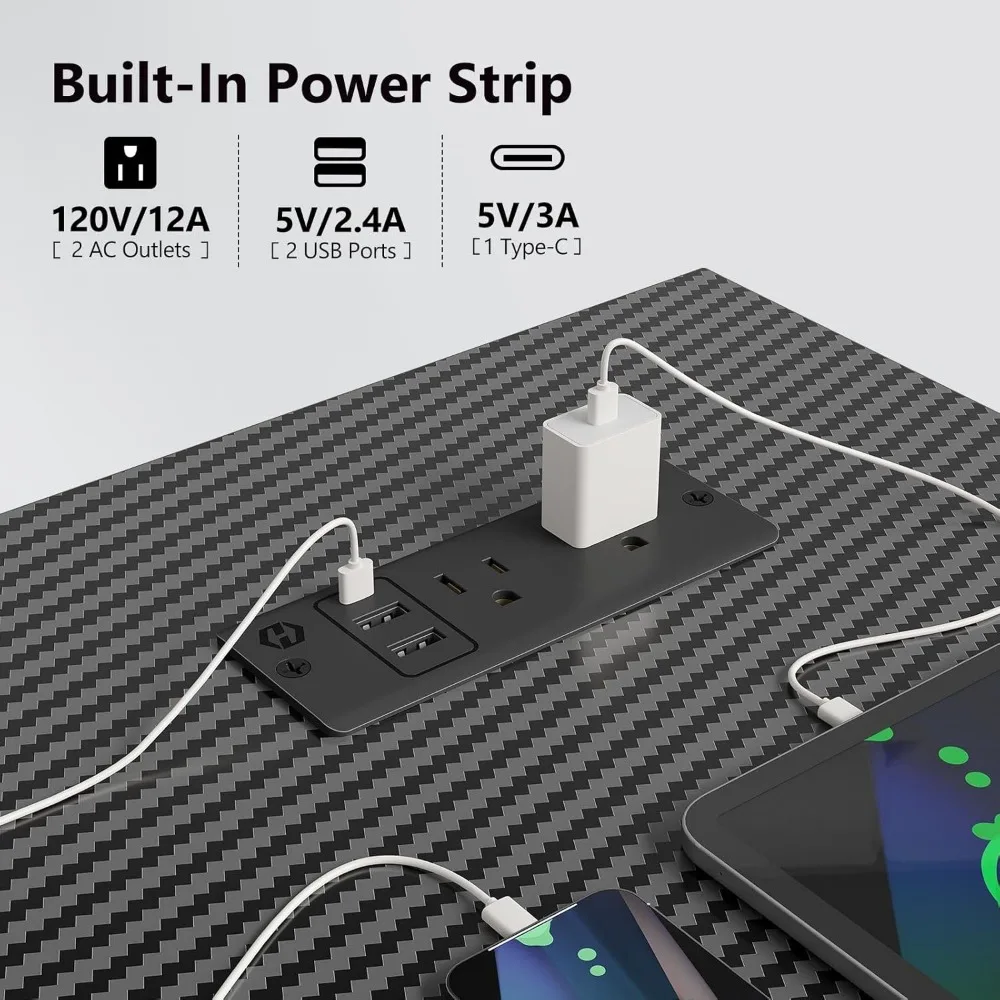 مكتب ألعاب Seven WARRIOR مقاس 60 بوصة، مكتب كمبيوتر بسطح من ألياف الكربون على شكل حرف T مع لوحة ماوس كاملة، نمط مريح للرياضة الإلكترونية